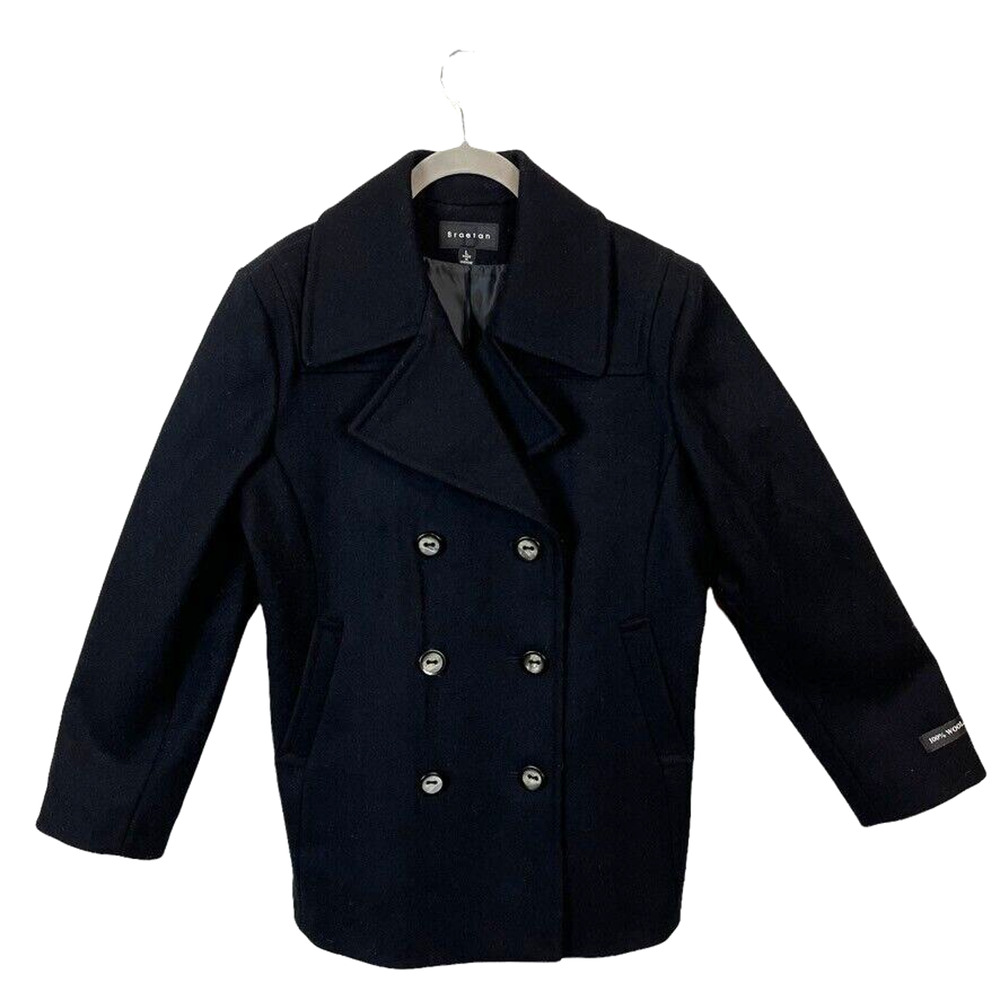 Black Wool Pea Coat Ukranian Women Double Breasted Partial Tags Size Large Retro